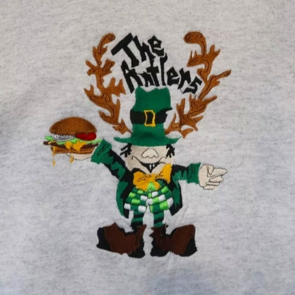 The Antlers XL Sweatshirt Embroidered Vampire Leprechaun Holding Cheeseburger